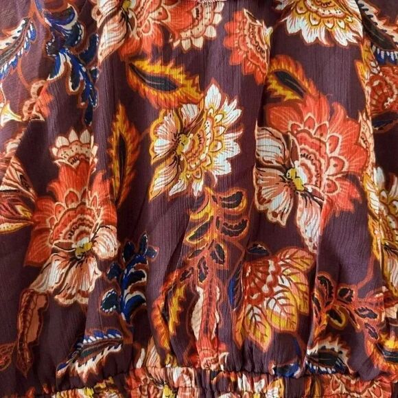 Old Navy Dress  Defined  Waist Chiffon Ruffle Midi Red Orange Floral LP #2208 - Picture 11 of 16